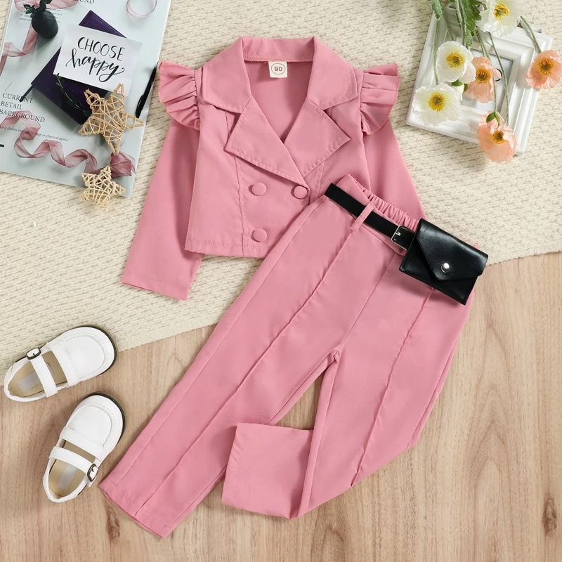 1-6Y Kids Girls Autumn Clothes Set with Belt Bag Baby Ruffle Long Sleeve Lapel Blazer Outwear + Long Pants 3Pcs Children Outfits kids clothing set,girls clothing set