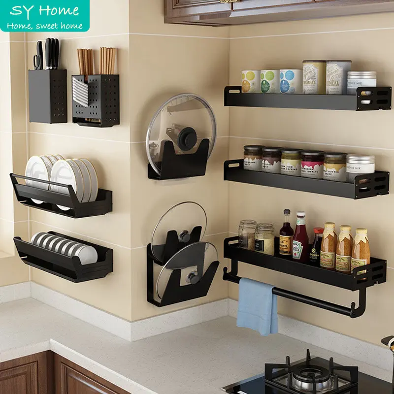 

Clean Kitchen Accessories Space Aluminum Perforation-free Wall Mounted Black Kitchen Supplies Storage Knife Holder Shelf Hanger