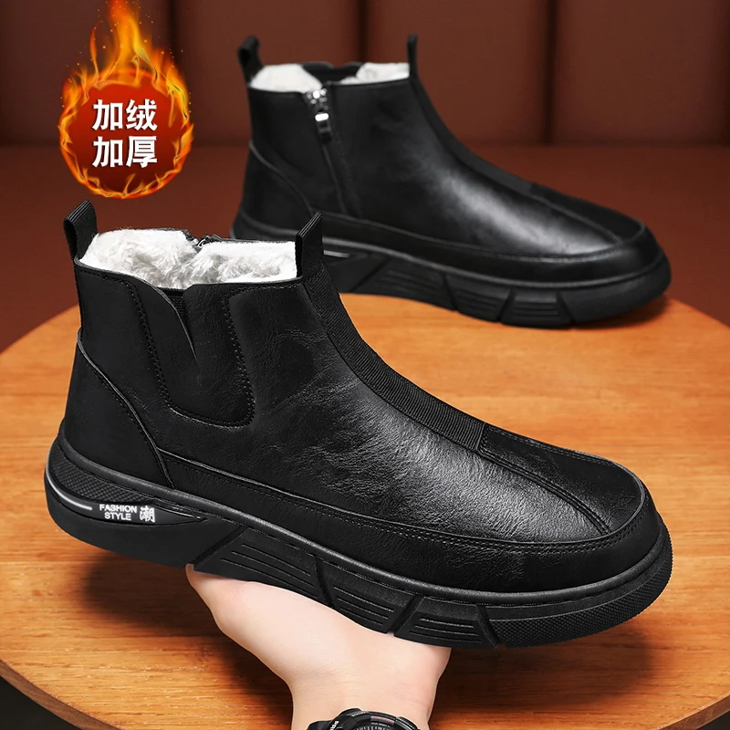 

Snow Boots Classic Men's Winter Fleece Lined Padded Warm Keeping Boys Cotton Shoes Fur Integrated High Top Martin Short Boots