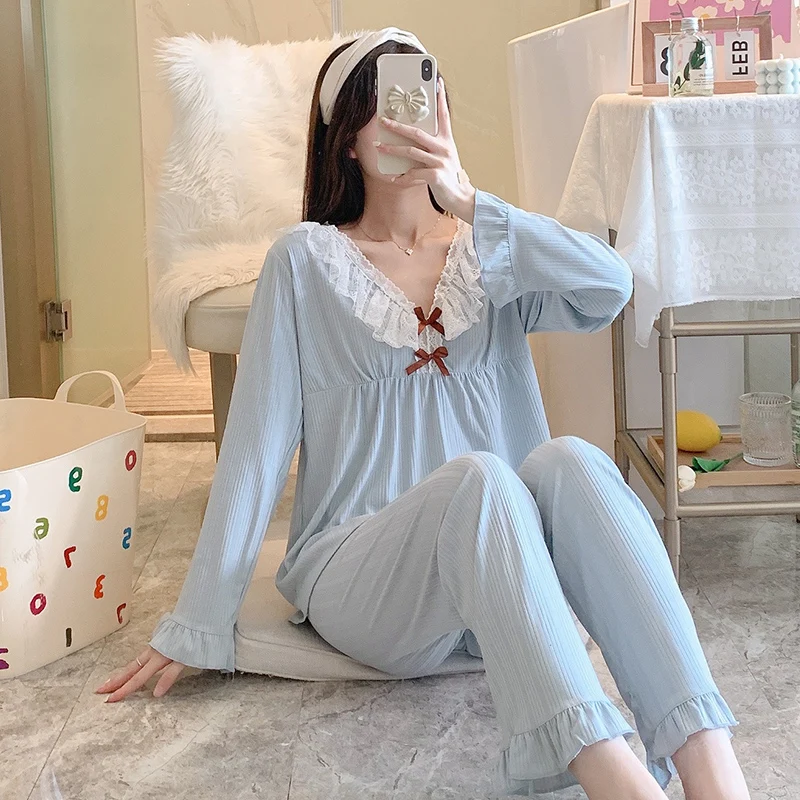 2024 New Spring and Autumn Suit Pajamas Women's Combed Knitted Cotton Sweet Lovely Lotus Leaf Lace Casual Women's Home Wear