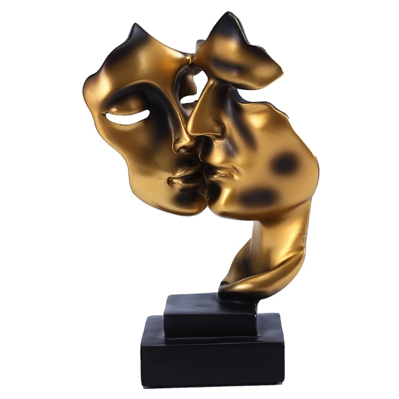 

Couple Human Face Sculpture Resin Golden Statue Tabletop Ornament for Ho M76D