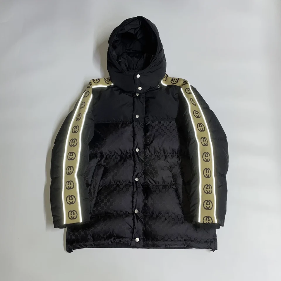 Gucci down jacket with full print, reflective tape, Jacquard
