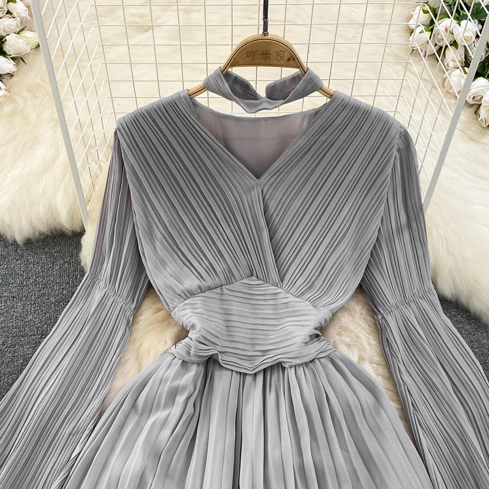 Autumn Flare Sleeve V-neck Midi Dresses for Women Solid Pleated A-line Elegant Party Dress Korean Fashion One Piece Vestidos New