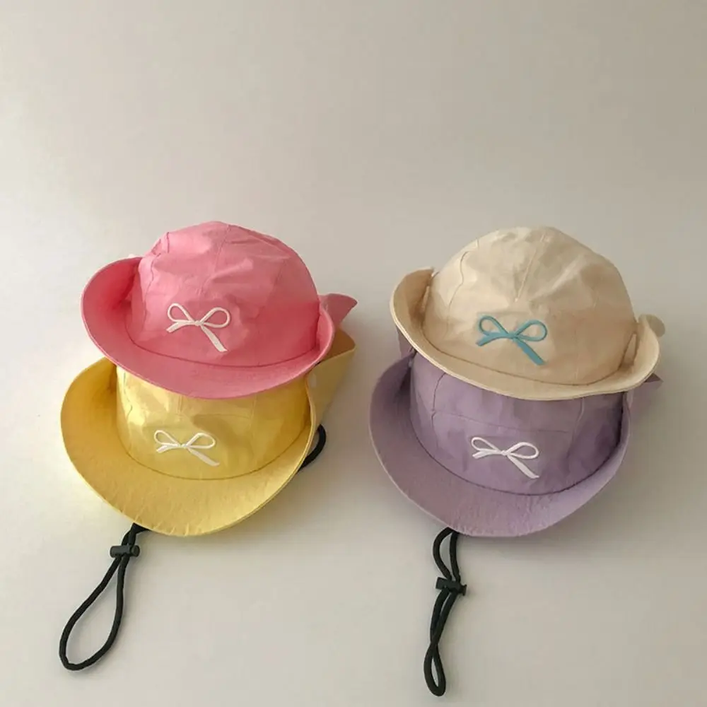 Korean Style Candy Color Bucket Hat Quick-dry Bow Embroidery Summer Kid Sunhat Shading Hat Anti-UV Sun Hat