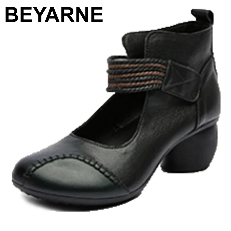 

Genuine Leather High Heels Women Pumps Retro Thick Heel Shoes Mixed Colors Soft Hook Loop Ladies Pumps zapatos de mujer