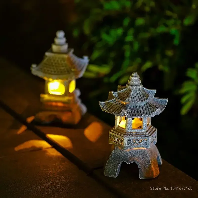 Chinese Creative Charging Solar Lantern, Resin Imitation Stone Pagoda, Interior Landscape, Night Lantern, Home Decor, 34 cm, 1Pc