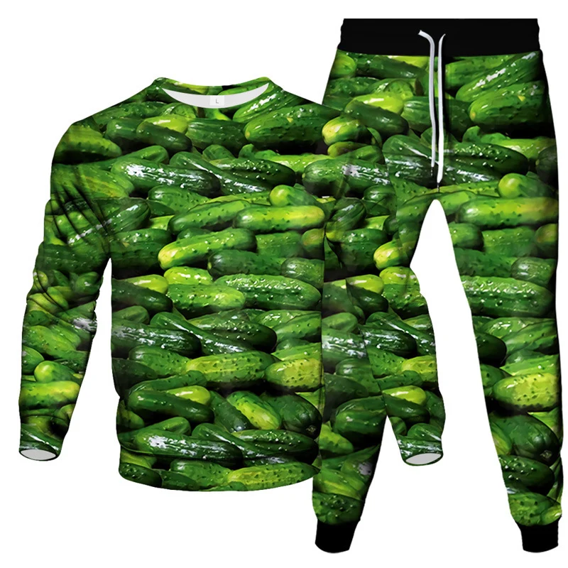 Hamburger Cucumber 3D Print Men's Sportswear Set Casual Long-Sleeved T Shirt Pants 2-Piece Set Oversized Pullover Men Clothing 3