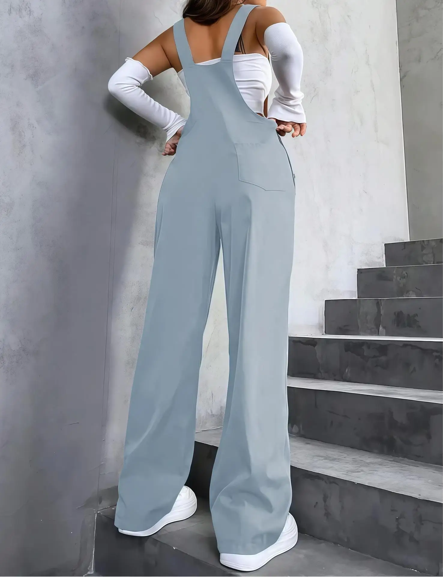Retro Pocket Solid Color Straight Leg Utility Overalls Loose Fashion Casual Pants