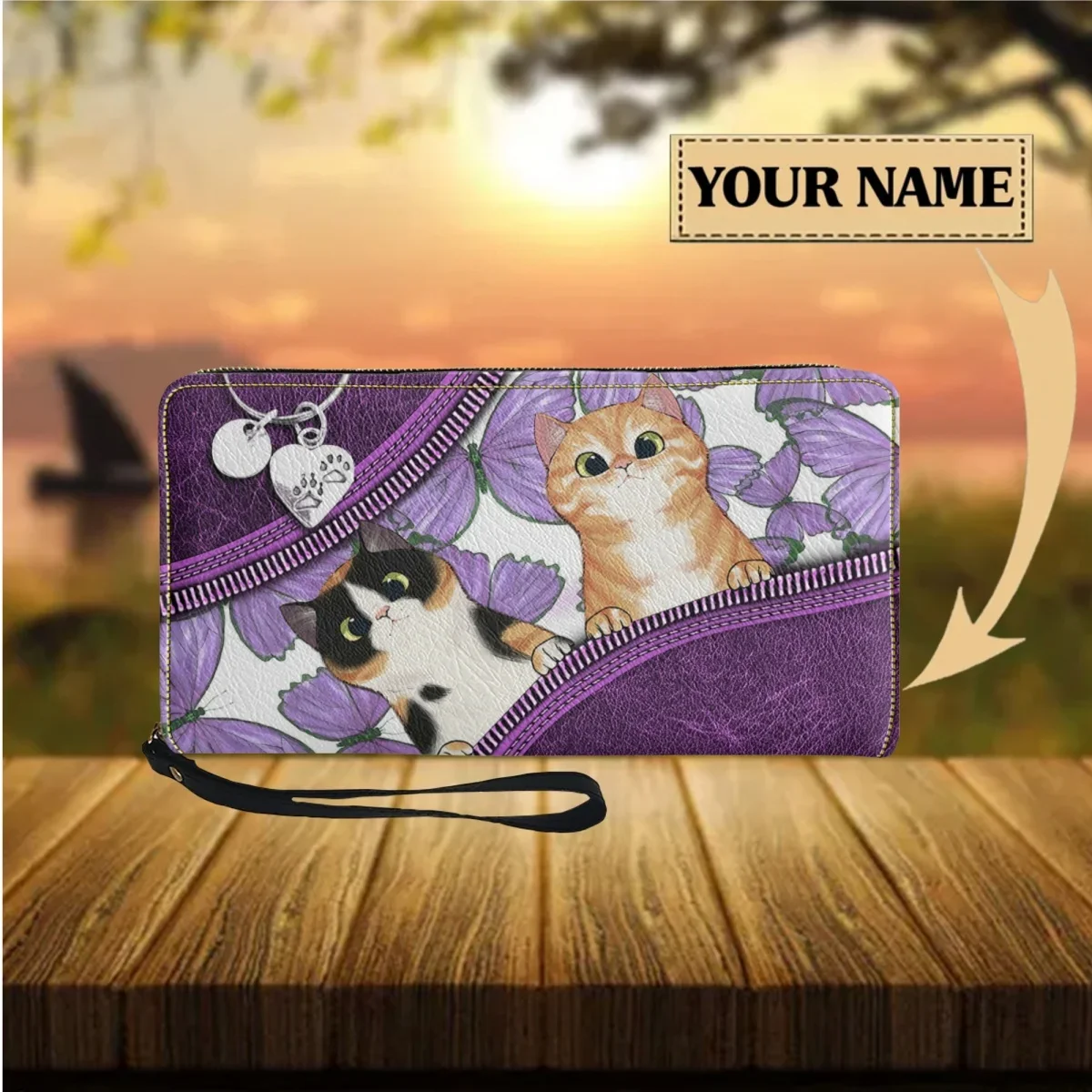 

Purple Kawaii Cats Design Women Wallet Luxury Leather Multifunction Ladies Purse Wristlet Wallets Long Travel Card Holder Femme