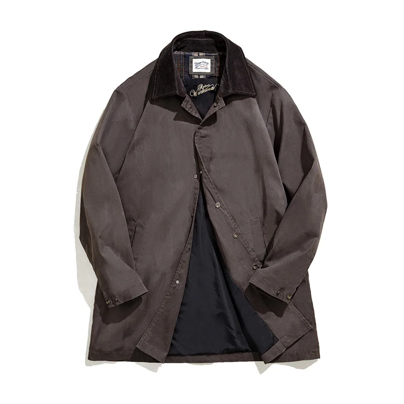 Maden Men's Vintage Waxed Windbreaker Corduroy Turn-down Collar Mid-length Overcoat Windproof and Waterproof Trench Loose Jacket 6