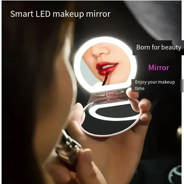 Miroir de maquillage de poche Compact et pliable, grossissant 1X/5X, avec lumière, 3 couleurs, miroir cosmétique, Portable, Rechargeable, tactile 2