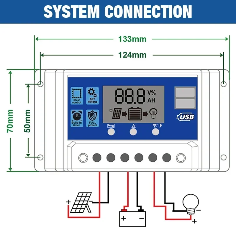 Equipped with USB Solar Charging Controller USB 12V/24V PWM 10A 30A 60A with Adjustable LCD Display Timer Setting EESBAO