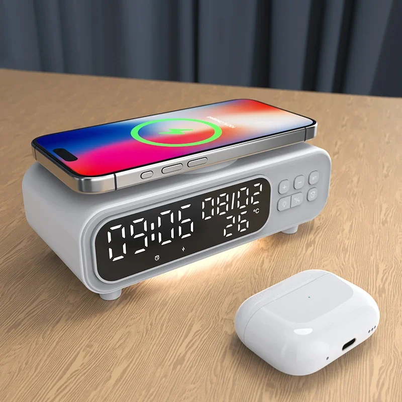 Wireless Charger Pad Time Alarm Clock LED Night Light Thermometer Phone Earphone Fast Charging Station for iPhone Samsung Xiaomi