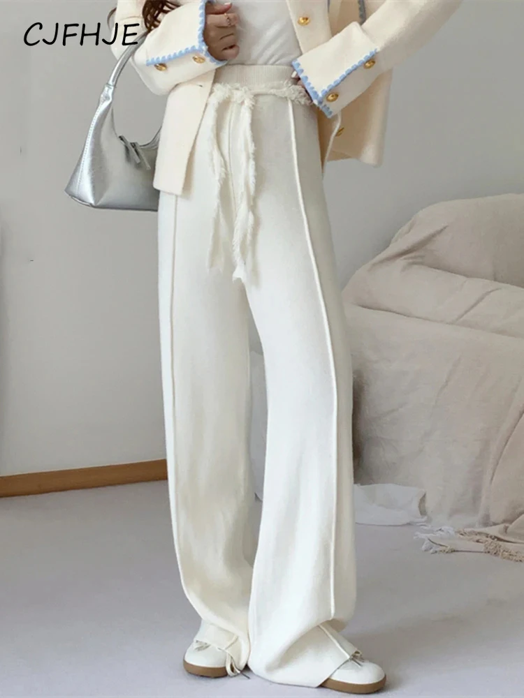 

CJFHJE New Women's High Waist Wide Leg Straight Knitted Pants Autumn Winter Korean Fashion Casual Lace Up Slim Women Pants