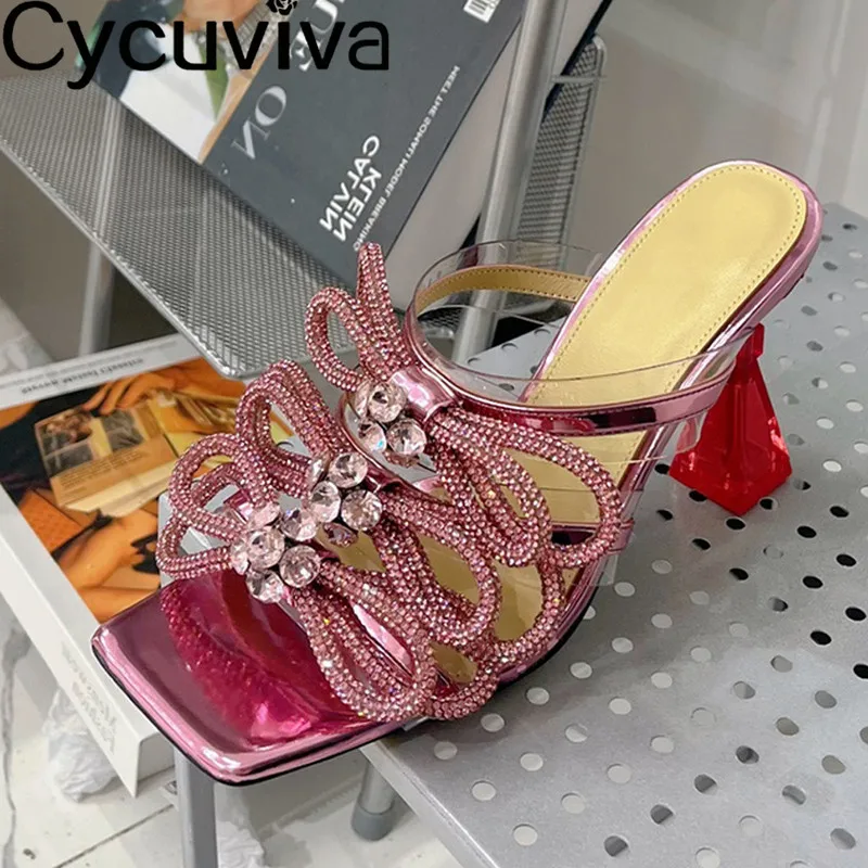 

New PVC Peep Toe Rhinestone Bow Knot High heel Slippers Women Designer Banquet Crystal Shoes Summer Female Party Runway Shoes