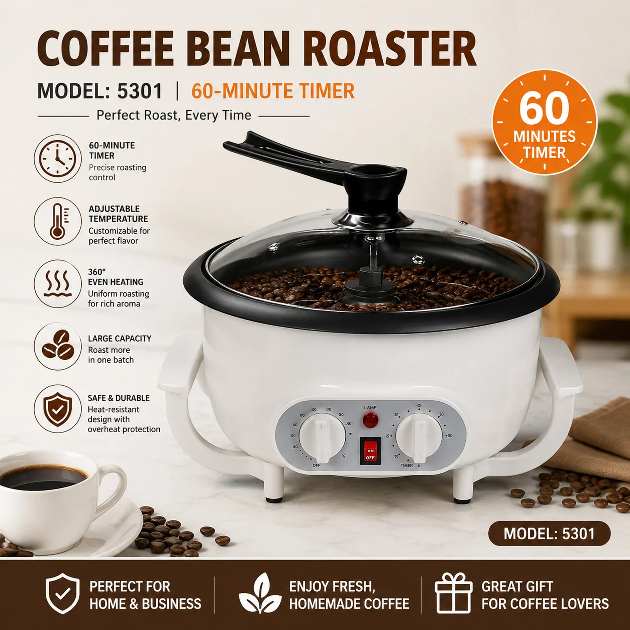 Torréfacteur électrique de grains de café avec contrôle de la température, four de cuisson pour arachides, séchoir à grains, machine à torréfier pour usage domestique 1 Torréfacteur électrique de grains de café avec contrôle de la température, four de cuisson pour arachides, séchoir à grains, machine à torréfier pour usage domestique 1
