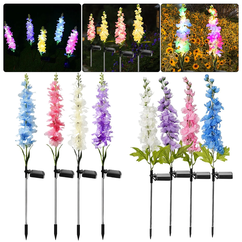 태양열 정원 조명, 다채롭고 따뜻한 빛, 태양열 Delphinium 꽃 조명, 두 가지 조명 모드, 마당 장식 및 어머니 선물, 2 개, 4 개