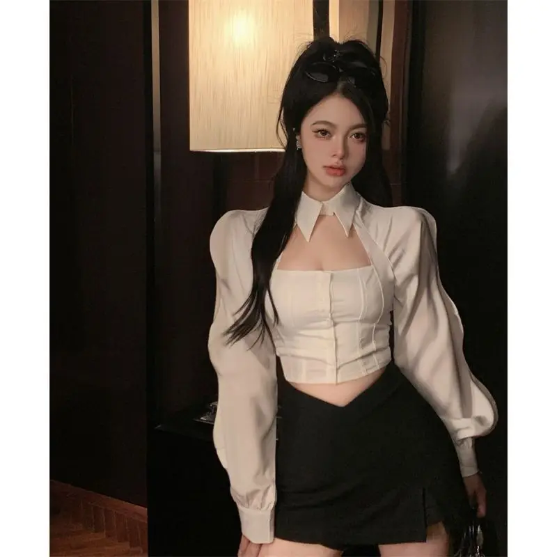 

QWEEK Sexy Women Blouses Harajuku White Shirt Tunics Korean Style Sweet Girls Long Sleeve Top Preppy Slim Crop Button Up Elegant