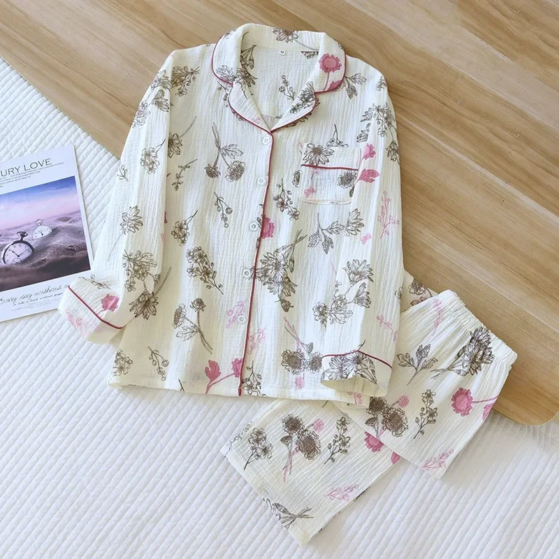 

Spring Autumn New Women's 100% Cotton Crepe Pajamas Short Long-sleeved Two-piece Retro Sunflower Women's Home Service Suit