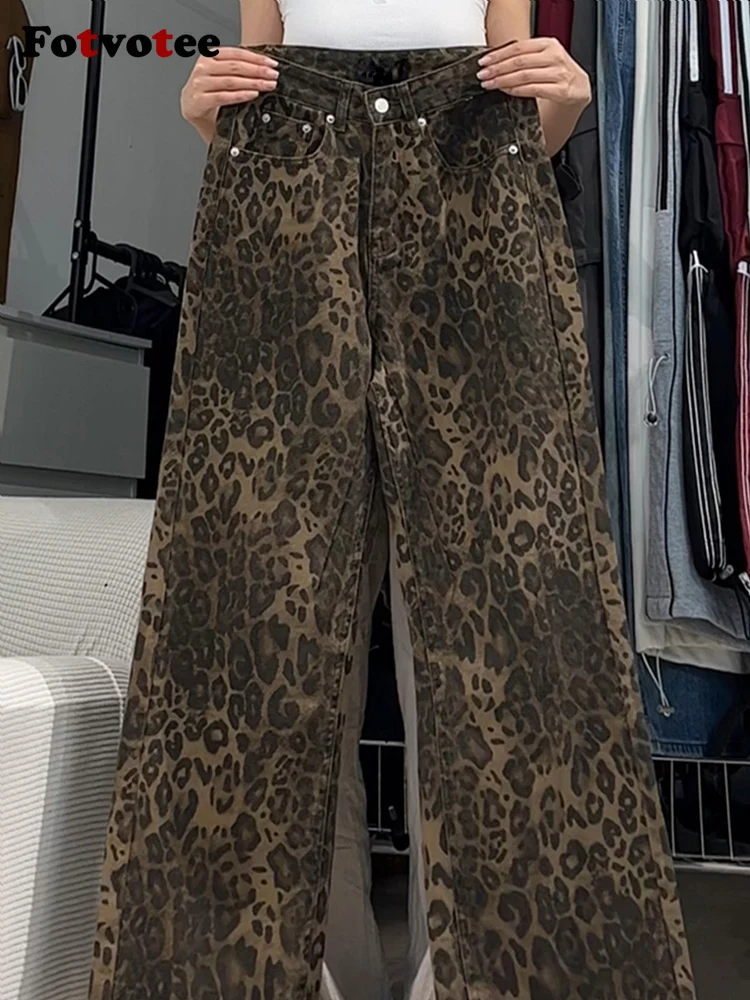 레오파드 무늬 여성용 와이드 레그 하이 웨이스트 청바지, 헐렁한 캐주얼 데님 패션, 레트로 스트레이트 청바지, Y2k, 2024 신상