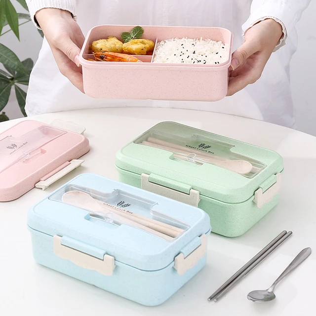Wheat Straw Lunch Box with Spoon Chopsticks Food Storage Container Leak  proof Lunchbox for Kids Microwave