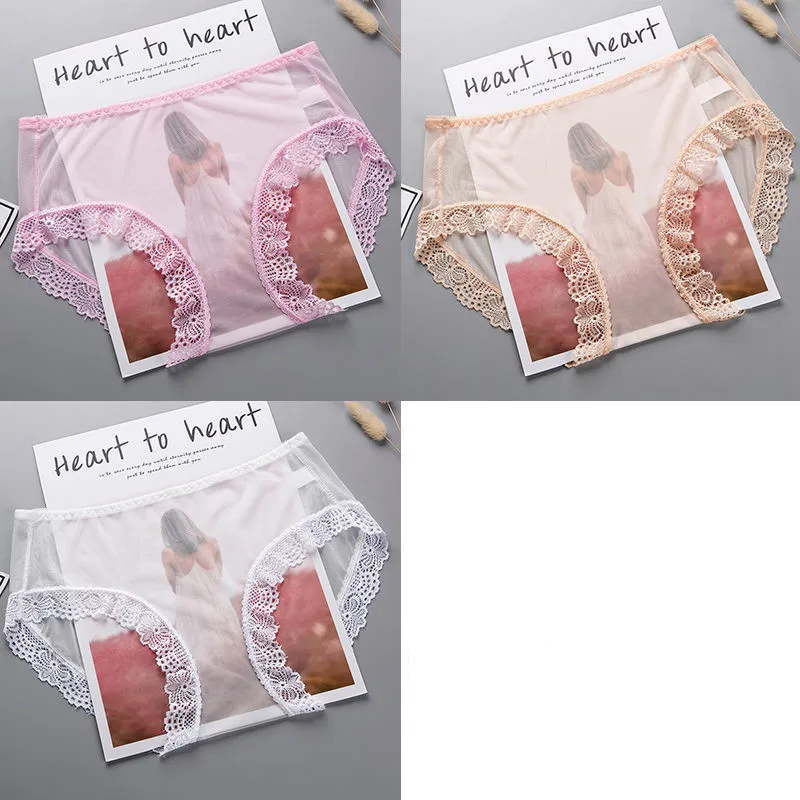 3 Pcs Full Transparent See Through Panties Women Lace Ultra Thin Breathable Underwear Crotchless Mesh Mid Waist Briefs