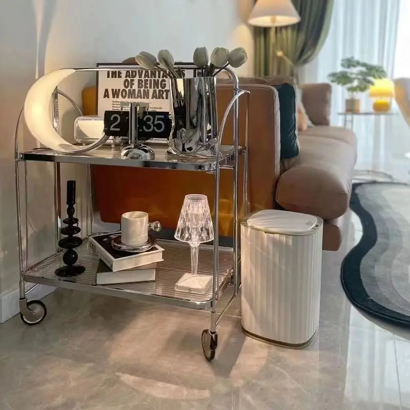 Medieval Style Cart Movable Folding Cart Wine Transparent Glass Storage Trolley Wheel Kitchen Sofa Side Table