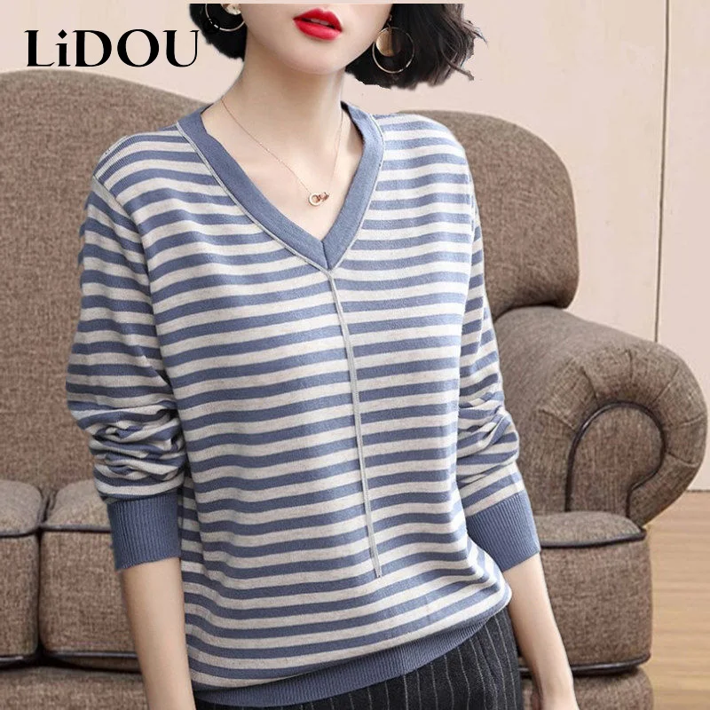 

Spring Autumn V-neck Long Sleeve Knitting T-Shirts Women Fashion Striped Printing Pullovers Thin Style Elegant All-match Tops