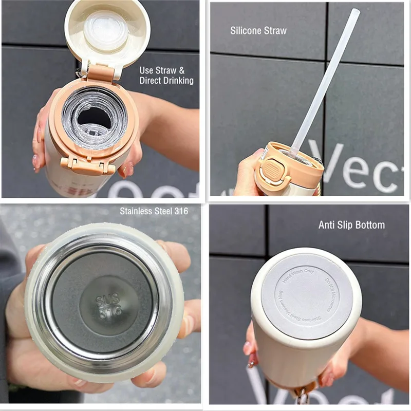 350ml/500ml Cartoon Double Stainless Steel Vacuum Flask Straw Portable Cute Kids Student Thermos Mug Travel Tumbler