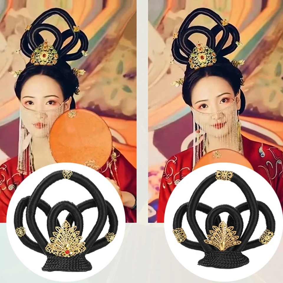 Hanfu 가발 헤어 클립 중국 고대 요정 가발과 헤어 번들 일체형 시뇽들 둔황 댄스 공연 헤어 액세서리