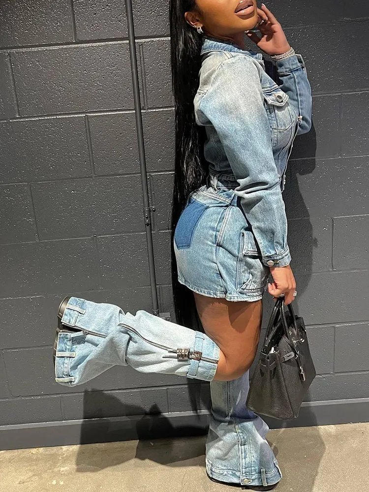 BPN Denim Two Piece Set For Women Lapel Long Sleeve Single Breasted Tops High Waist Spliced Pocket Skirt Slim Sets Female Style
