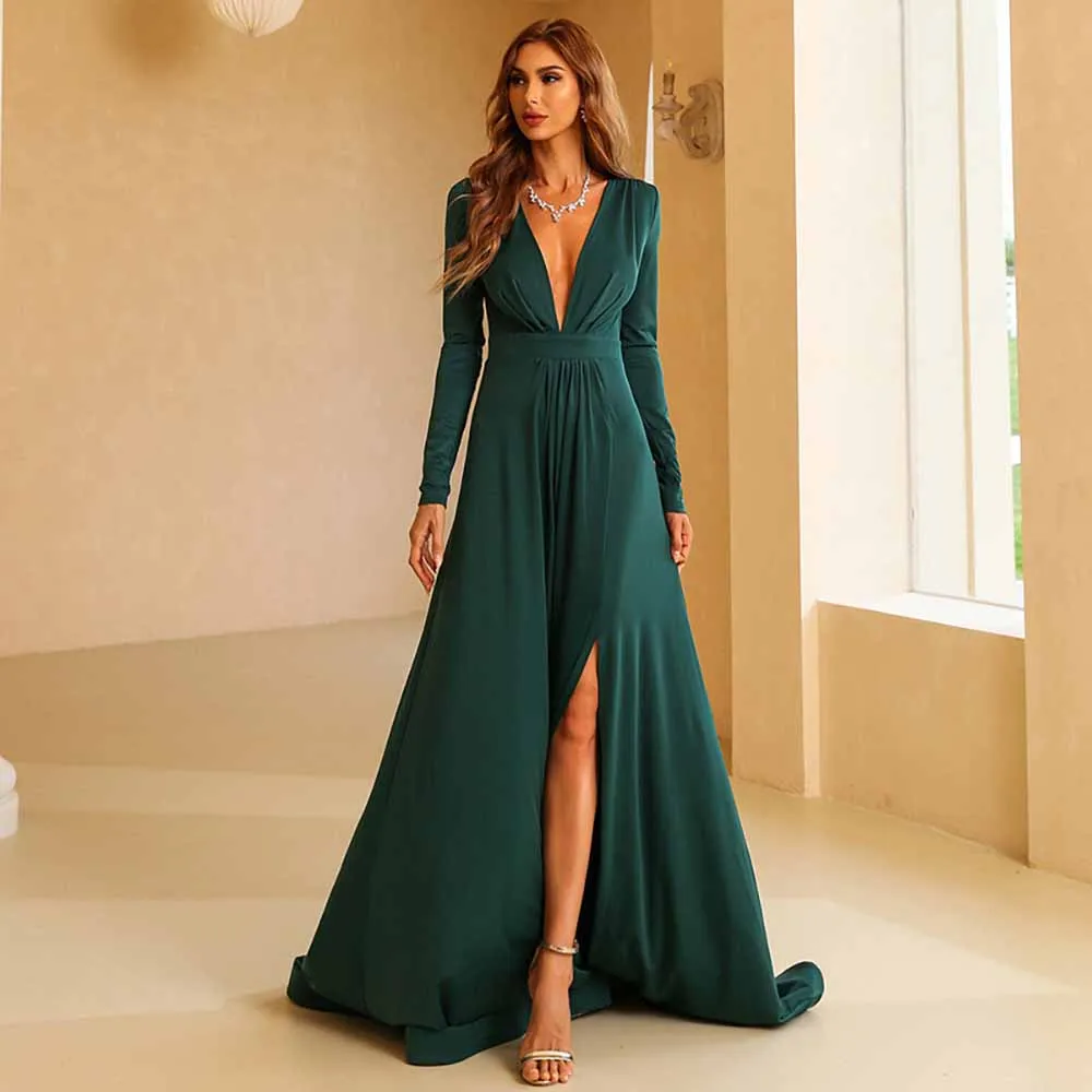 

OEING V-Neck Luxury Formal Evening Dresses Sexy Pleat Long Sleeves فساتين سهرة Floor Length Elegant Prom Growns Party Women