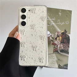 Charming 3D Metal Bow & Pearl Epoxy Shockproof Phone Case - Clear, Soft, Protective Back Cover - Galaxy S24 Plus (Clear)