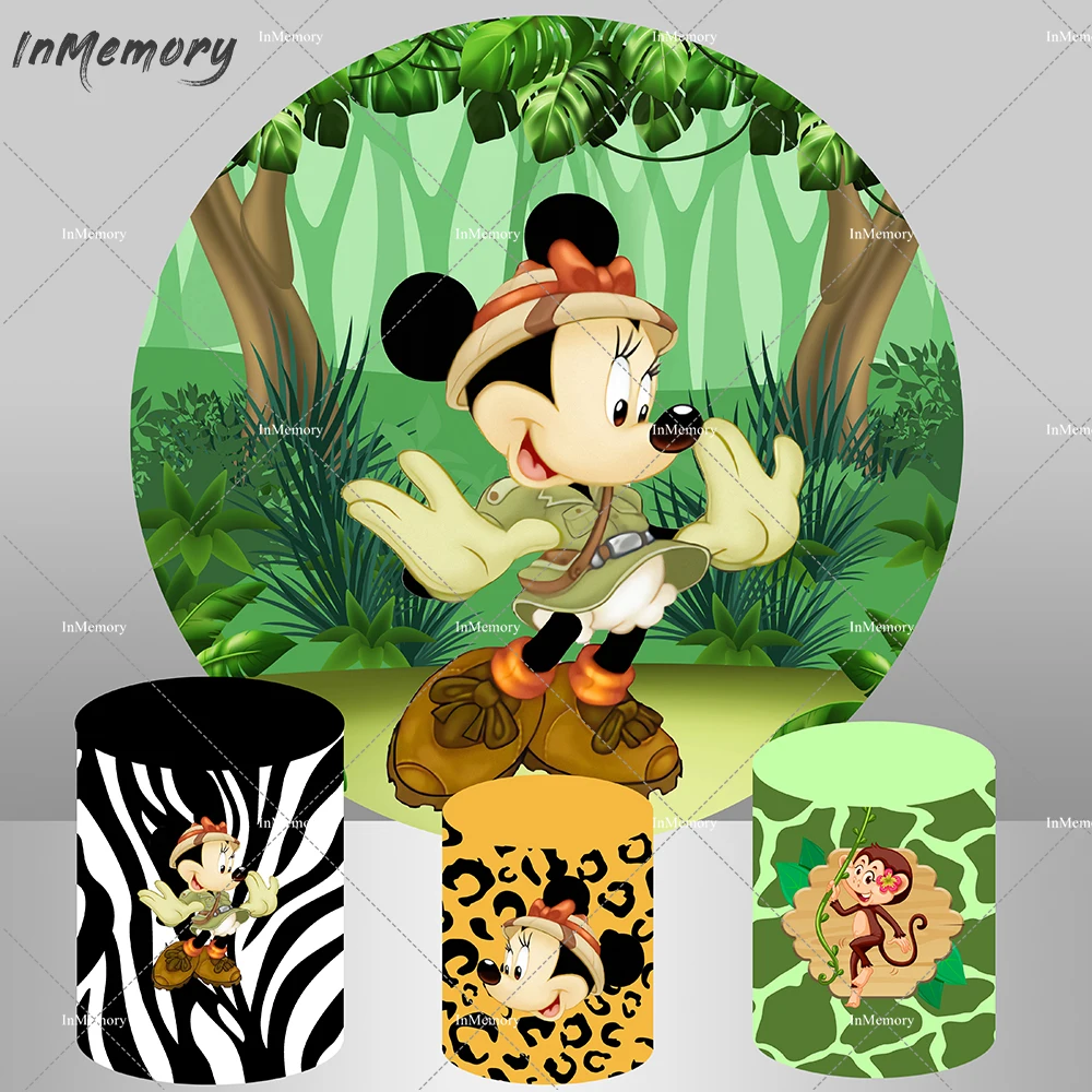 Safari Mickey Mouse Circle Round Background Cover Forest Wild One Birthday Party Photo Background Coperture Cilindriche Per Boy Decor