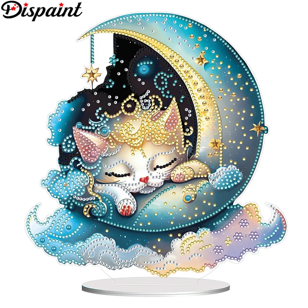 

Dispaint 5D DIY Diamond Painting Special Shape Drill Desk Ornament Crystal Cat Moon Embroidery Rhinestone Home Tabletop Decor Gi