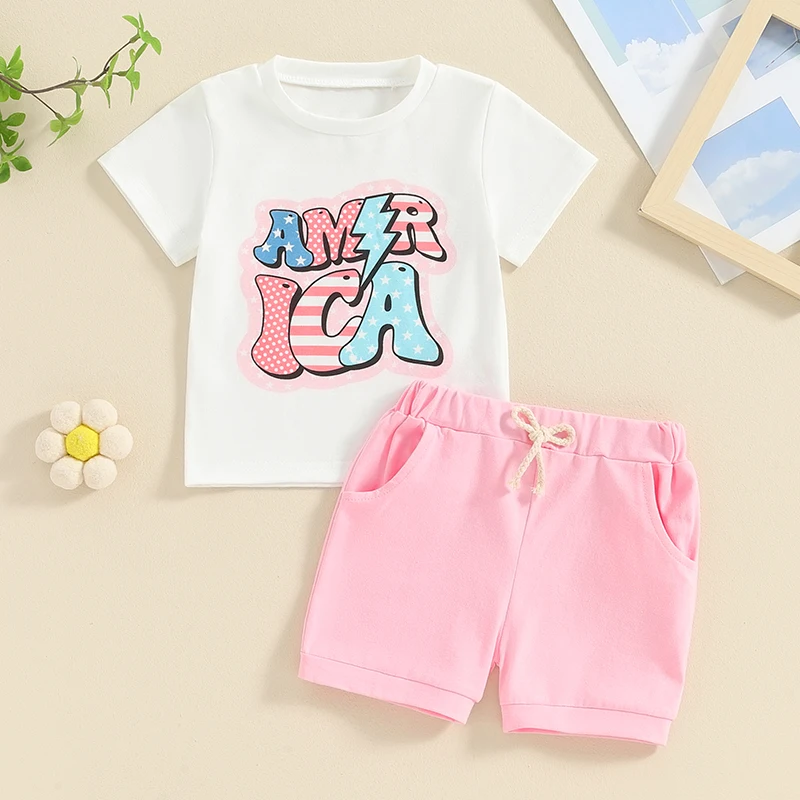 

2024-03-06 Lioraitiin Summer Baby Girls 4th of July Outfit Letter Print Short Sleeve T-Shirt and Elastic Shorts Set Cute Clothes