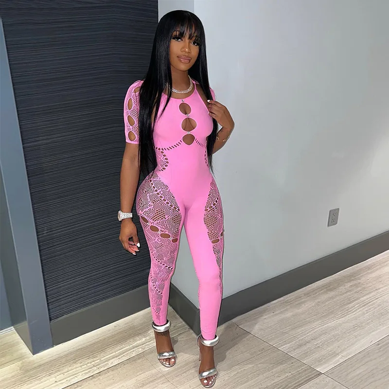 Sexy Knitted Hollow Out One Piece Pajama Tight Seductive Jumpsuit Women Elastic Slim Pencil Pants Party Night Clubwear