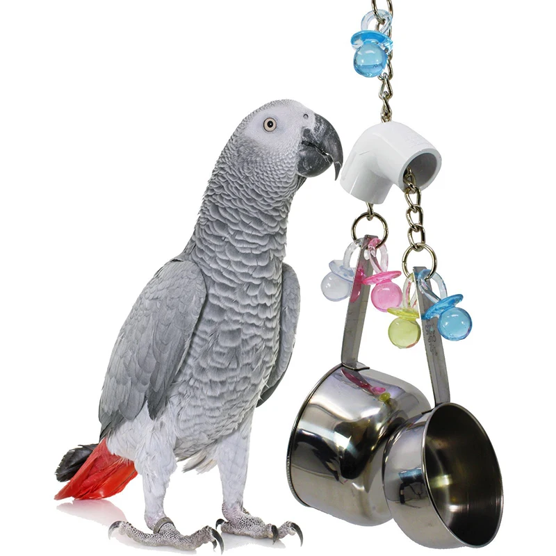 Parrot Toys Stainless Steel 2 Pots Budgie Toys Large Bird Funny Cockatiels Parakeet African Grey Parrots Chicken Bird parrot toy bird toy