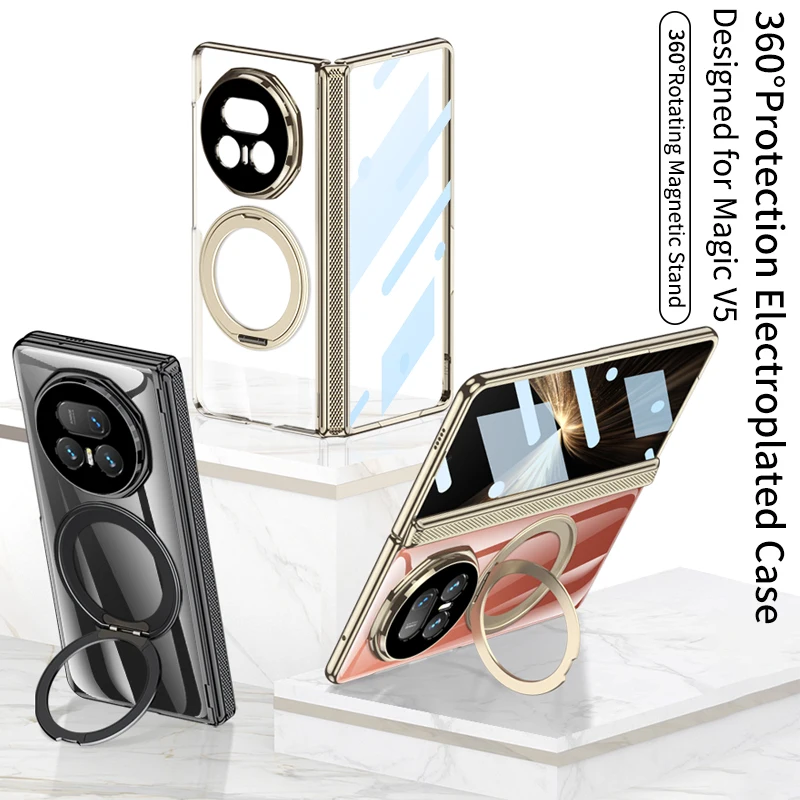 Enhanced Product Title:  
Electroplated Transparent MagSafe Case with Magnetic Rotating Ring Holder and Folding Hinge Featuring Tempered Film Cover