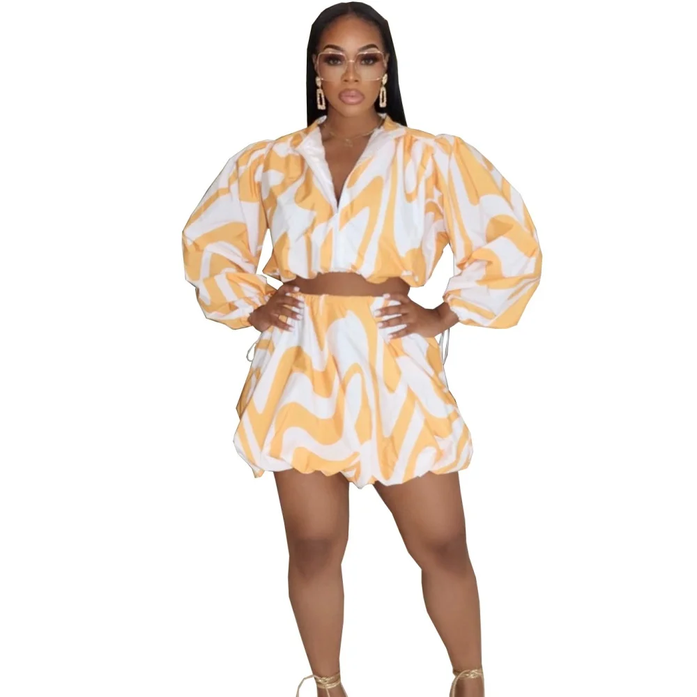 2025 Women's Long Sleeve V-Neck Top Casual Zipper Loose Slim Cute Puff Sleeve Suit Skirt Two piece Set Wholesale Dropshipping