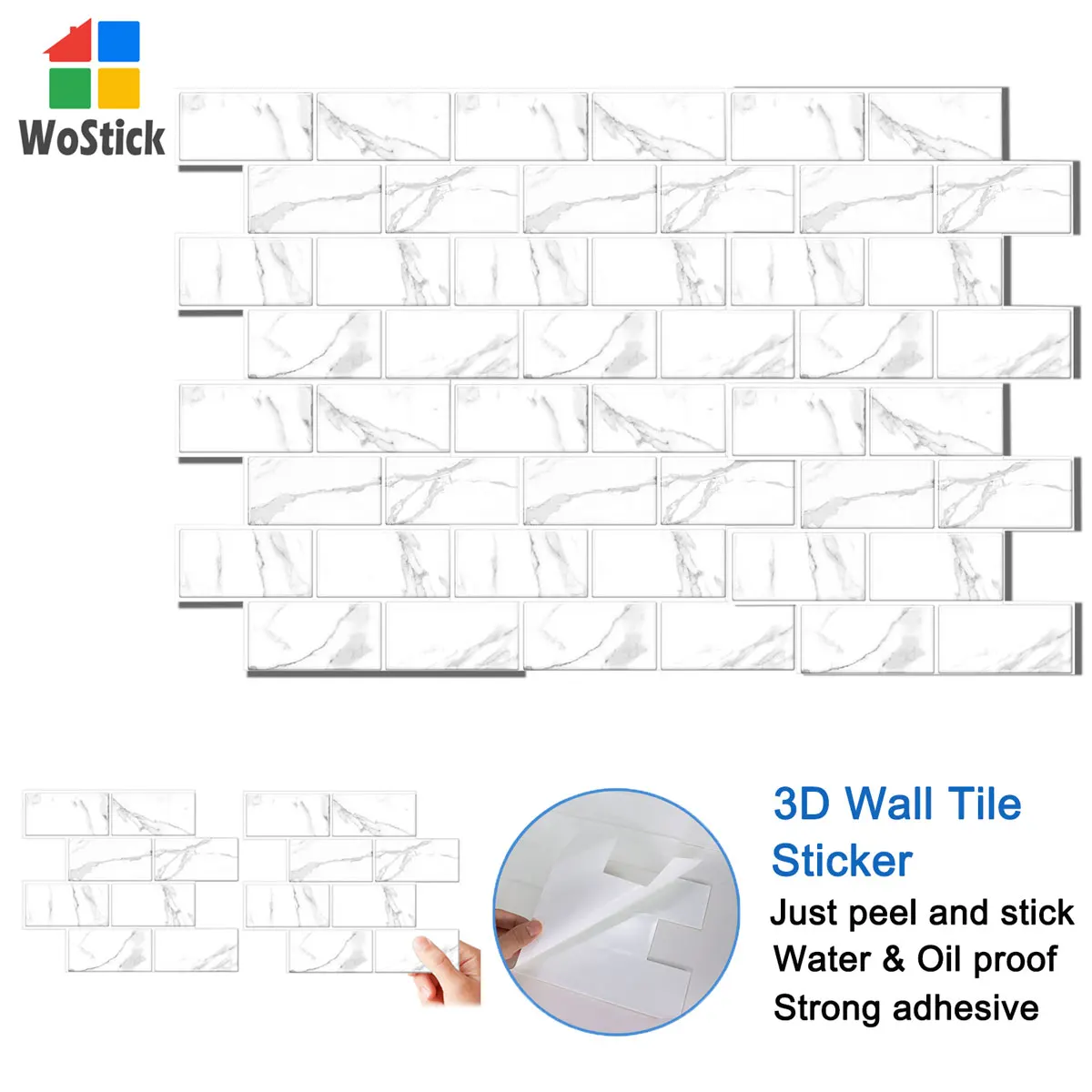 

10 Sheets White Marble Subway 3D Real Tile Appearance Self-adhesive Wall Stickers for Interior Wall Decoration