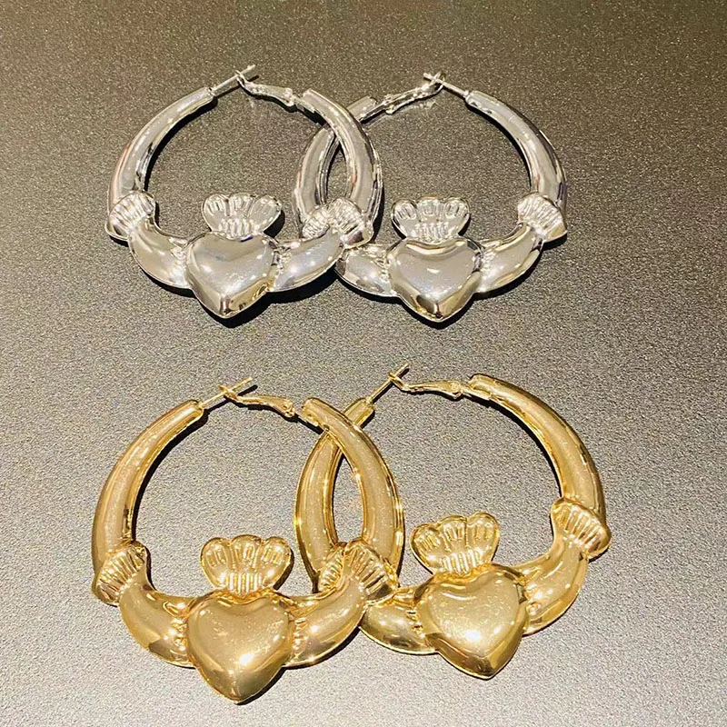 New Big Chunky Claddagh Hoop Earrings for Women Cute Statement Strong Heart Earrings Valentine Day Jewelry Gift 4
