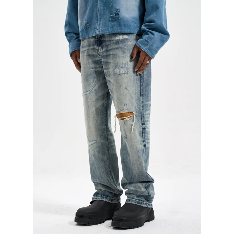 

High Street Patch Patch Fabric Worn Out From Hipster Skateboard Pants To Make Old Straight Leg Jeans