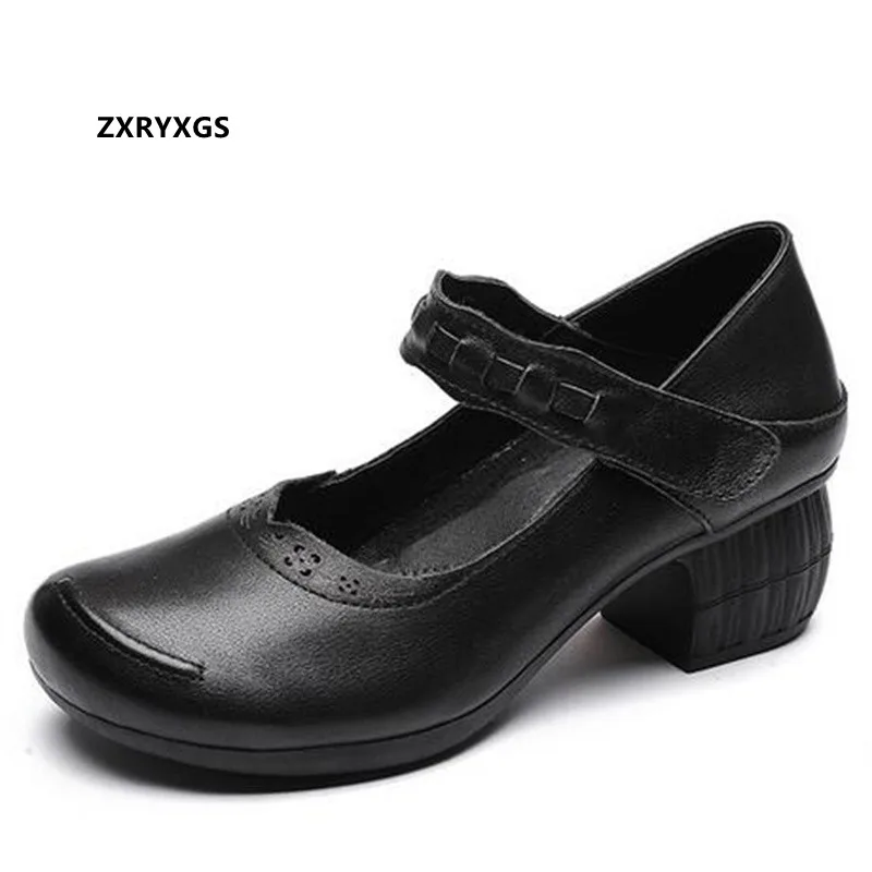 

Promotion 2022 New Spring Genuine Leather Shoes Classic Fashion Shoes High Heels Thick Heel Soft Sole Comfort Shoes Black Brown