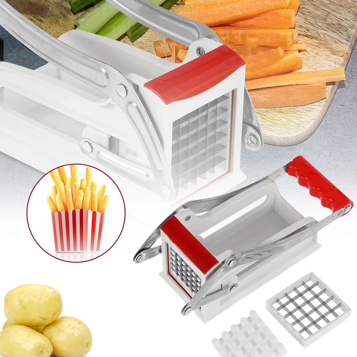 French Fry Cutter Stainless Steel Potato Chipper 25/49Holes Blades Fast Cutting Manual Food Slicer Kitchen Vegetable Cutter