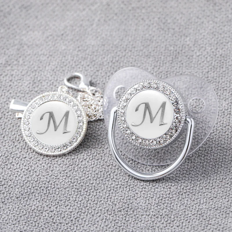 Baby Personalized Pacifier Clips Newborn Luxury Pacifiers Holder Letter Silver Bling Infant Transparent Silicone Nipple Bpa Free 4