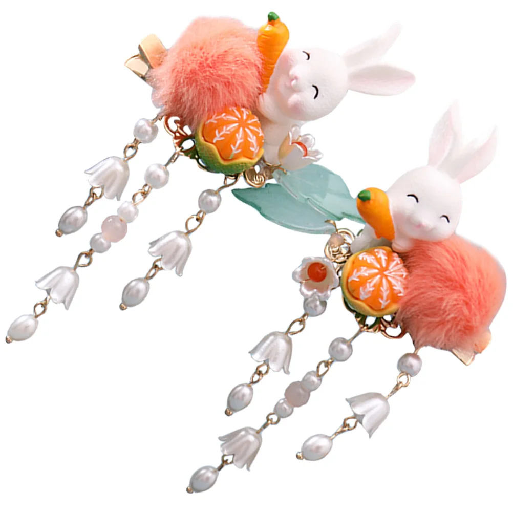 2Pcs Bunny Hair Clips Plush Ball Hair Barrettes Tassel Easter Chinese Hair Accessories for Women Girls