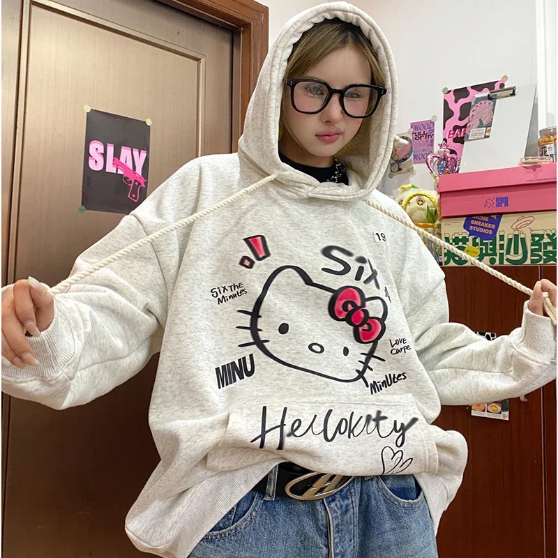 

Sanrio Kawaii Hello Kitty Pure Cotton Hooded Sweater Anime Cute Cartoon Printed Tops Autumn Winter Loose Woman Coat Gift