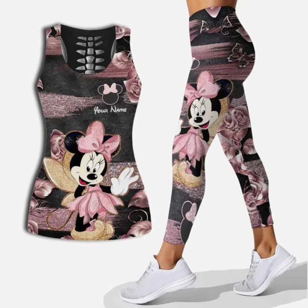 Disney Mickey Mouse Women's Hollow Tanktop Leggings Yoga Set Fitness Leggings Sports Suit Disney Vest Tank Top Legging Yoga Set