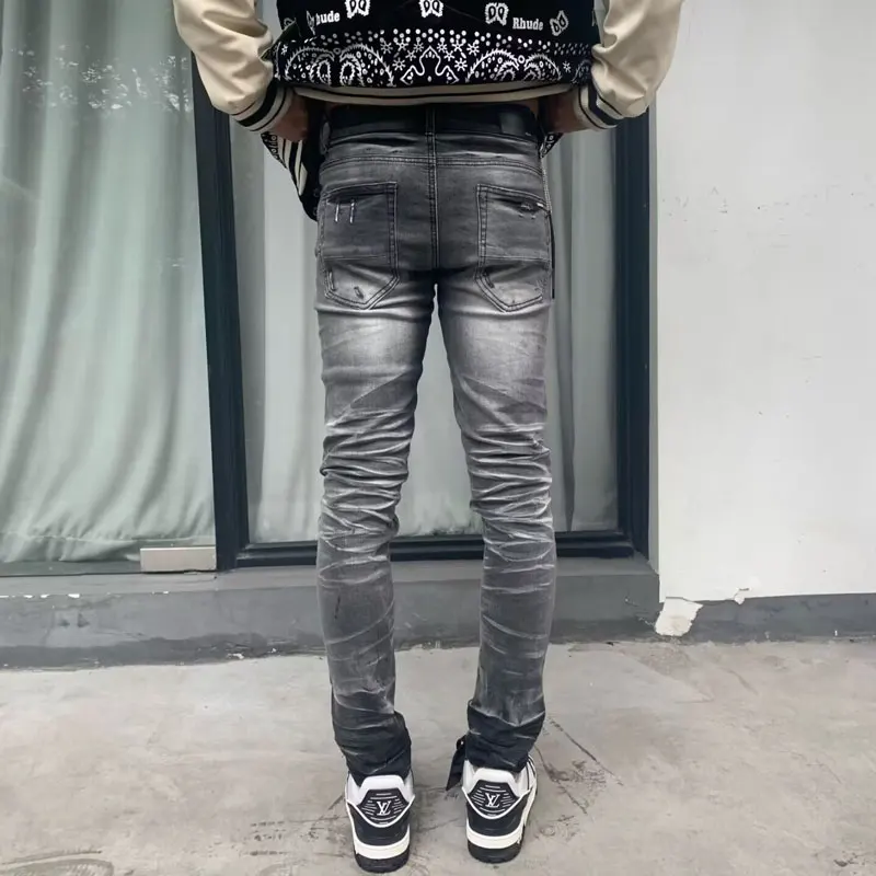 Latest Designer High Street Fashion New Elastic Jeans Slim Fit Retro Wash Black Grey Jeans Hip Hop Brand Versatile Pants